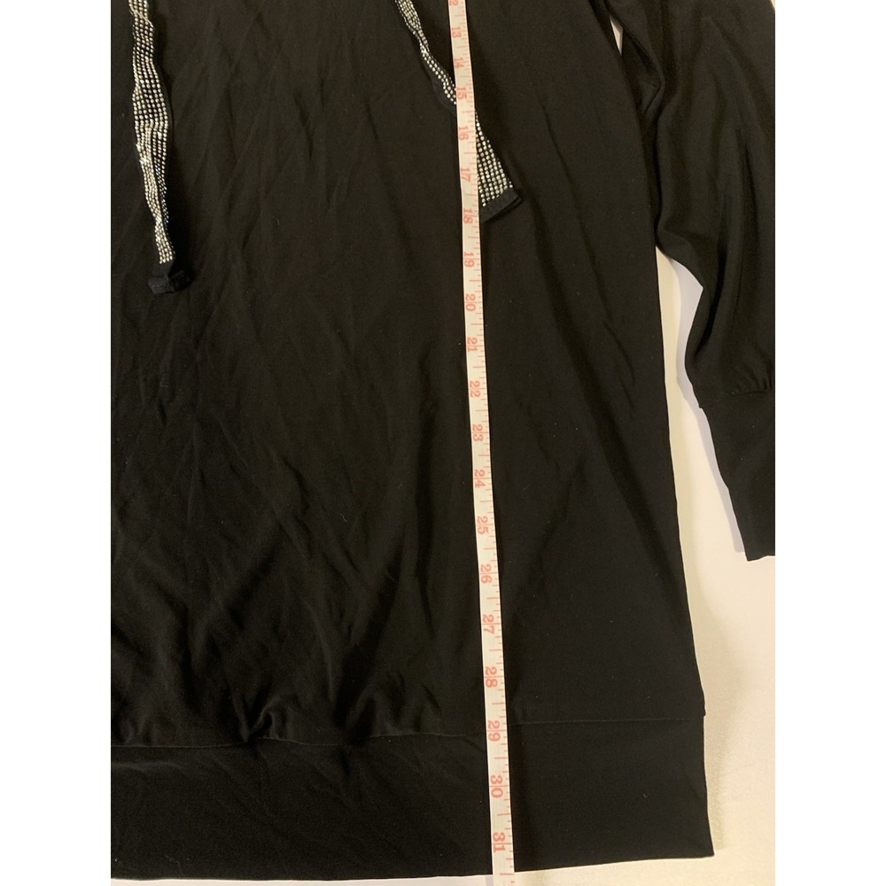 Joseph Ribkoff Hoodie Tunic Size 10 Rhinestone Drawstring Black Slinky Knit - Picture 5 of 6